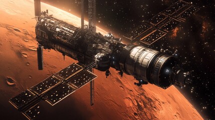 A space station orbiting Mars, serving as a base for missions to the planet surface and beyond.