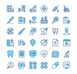 Hospital icons. Outline symbols. Vector blue line icons set