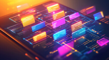A colorful image of a computer screen with many different colored icons. Concept of technology and innovation, with the various icons representing different applications or programs