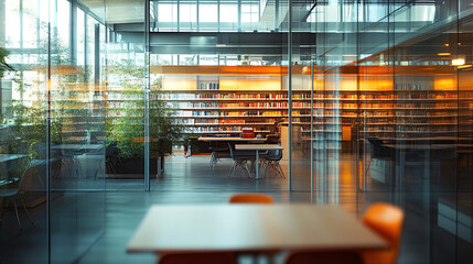 Photograph of an interior view through the glass wall, a library and desks in a brutalist building with light from outside and warm colors