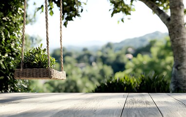 A serene outdoor scene featuring a swing with greenery, set against a blurred background of trees and hills, evoking relaxation and nature.