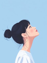 A cute girl with black hair styled in a low bun and pulled back into a high ponytail looks up with a slight smile in a profile portrait, illustrated in vector style against a solid blue background