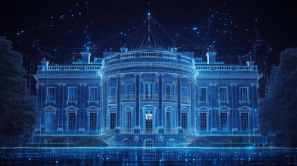 The White House rendered in a digital, wireframe style, with glowing blue lines and a futuristic aesthetic.