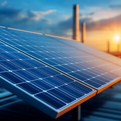 Solar Panels Capturing Sunset Light Over Energy Plant