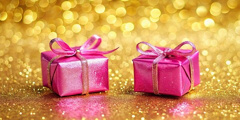 Two elegant pink Christmas gifts on a shiny gold background, luxurious, presents, holiday, celebration, festive, glamour