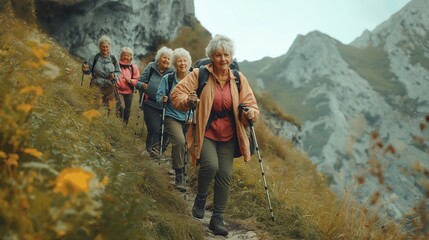 Wall Mural - older women enjoy a mountain hike together on a sunny day in a scenic natural landscape filled with 