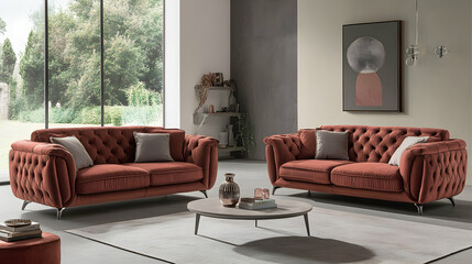 Elegant living room with two red velvet sofas, a coffee table, and a stylish painting on the wall.