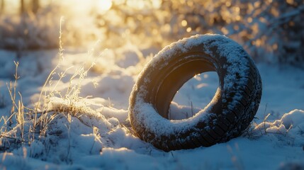 A snow-covered tire shines under the bright winter sun in a serene snowy landscape