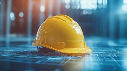 Aufkleber - Yellow hardhat resting on blueprint in modern office building symbolizing workplace safety