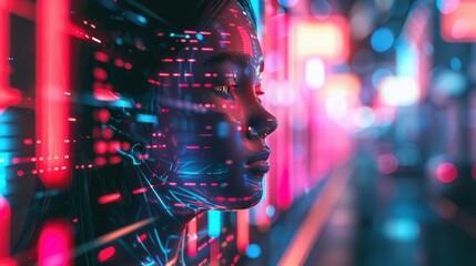 Sci-fi female 4d humanoid cyborg in futuristic neon lit cyberpunk city, AI generated image