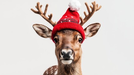 A cheerful Christmas reindeer wearing a festive red hat against a clean white background celebrating the holiday season