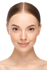 Headshot vertical portrait of young woman with brown eyes. Concept of women beauty and skin care