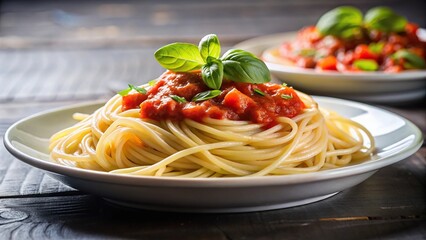 Plate of spaghetti with sauce and basil on top at eye level