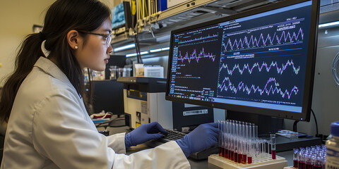 Wall Mural - a researcher is working in front of a display screen in a laboratory, background, female researcher,