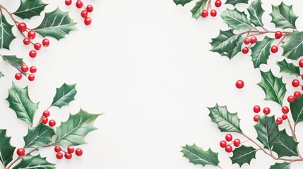 Wall Mural - Festive arrangement of holly leaves and bright red berries on a clean white background for holiday decoration and celebration