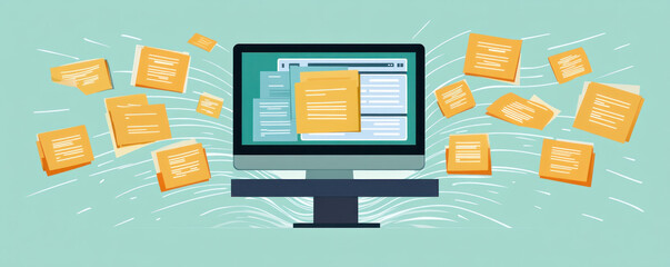 A computer monitor with a lot of papers on it. The papers are scattered all over the screen