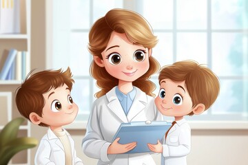 Wall Mural - A woman in a white lab coat is holding a clipboard and smiling at two children