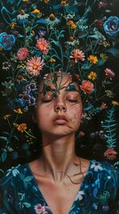 Wall Mural - Woman Surrounded by Flowers - A Dreamy Portrait