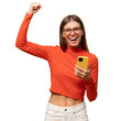 © Damir Khabirov - Lucky excited woman holding smartphone making winner gesture shouting yes