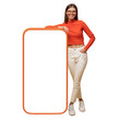 © Damir Khabirov - Happy young woman standing and showing blank screen of huge phone, mockup for your app