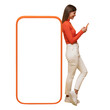 © Damir Khabirov - Young woman standing near huge phone mock up for app