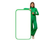 © Damir Khabirov - Happy young woman standing and showing blank screen of huge phone, mock up for your app