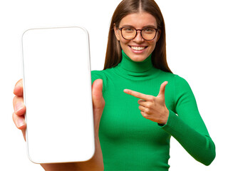 Portrait of happy young woman pointing to blank phone screen