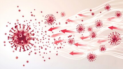 A scientific illustration of virus transmission through the air, with particles and arrows indicating spread