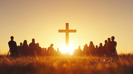  A sunrise Easter service in a field, with people sitting in rows of chairs, soft light illuminating a large wooden cross. Wide shot, golden hour lighting, serene 