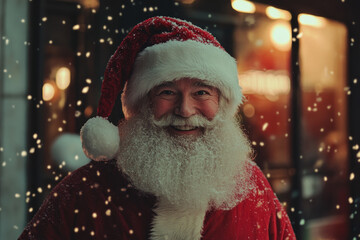 Man dressed as Santa Claus posing with a group of children in front of a brightly lit Christmas tree, spreading holiday cheer.