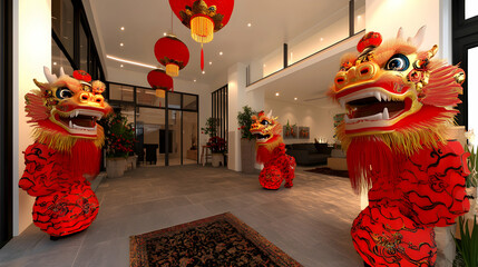 Two traditional Chinese lion dance costumes stand in a modern home entrance.