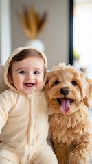 An expressive baby in a cute onesie, sharing an endearing, playful moment with a fluffy puppy, creating a snapshot of pure happiness and comfort in a bright room.