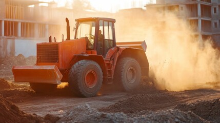 Construction Equipment in Action at Sunrise