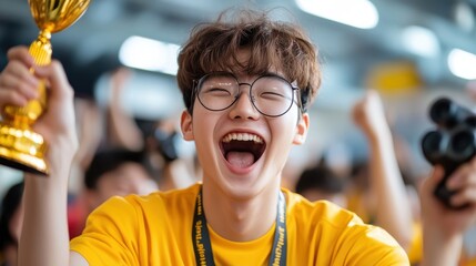 A young person with glasses and a huge smile, wearing a yellow shirt, holds a trophy aloft in a lively environment, symbolizing triumph and elation.