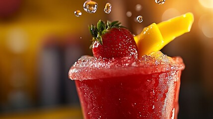 Wall Mural - Close-up of a refreshing strawberry smoothie with a mango slice and water droplets splashing.