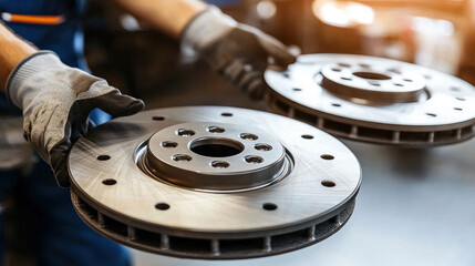 A mechanic is holding two brake rotors in his hands. Concept of precision and expertise, as the mechanic is handling the delicate parts with care