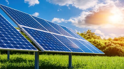 Bright sunlight reflects off solar panels in a green landscape under blue skies