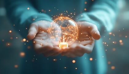 Aufkleber - 3D rendering of hands presenting a glowing lightbulb icon integrated with intricate network circuits on a light blue background, symbolizing innovation and technology