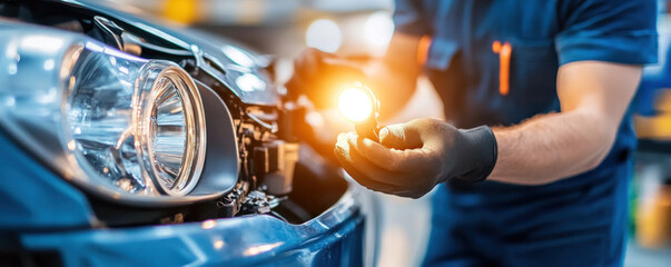 A man is working on a car's headlight. He is wearing a blue shirt and black gloves