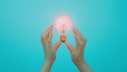 Aufkleber - Creative rendering of hands presenting a lightbulb icon merged with network circuits on a light blue backdrop, highlighting the excitement of new technological possibilities