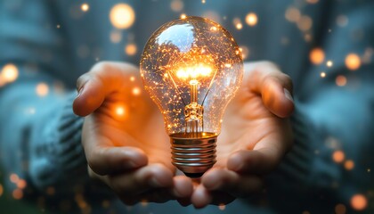 Aufkleber - Creative rendering of hands presenting a lightbulb icon merged with network circuits on a light blue backdrop, highlighting the excitement of new technological possibilities