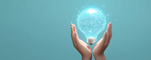 Aufkleber - Elegant 3D image of hands holding a lightbulb icon embedded with digital circuits, set against a light blue background, representing the power of ideas and technology