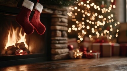 Wall Mural - cozy christmas scene with stockings and a glowing fireplace
