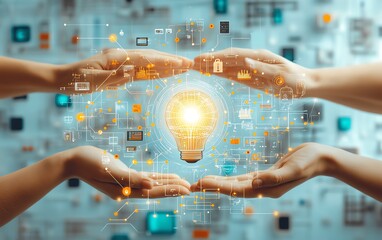 Fototapete - Stylized 3D illustration of hands presenting a luminous lightbulb icon surrounded by network circuits on a light blue background, capturing the essence of modern innovation