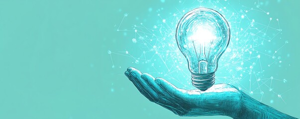 Poster - Creative rendering of hands presenting a lightbulb icon merged with network circuits on a light blue backdrop, highlighting the excitement of new technological possibilities