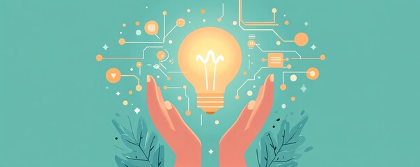 Aufkleber - Dynamic composition showcasing hands presenting a bright lightbulb icon integrated with network circuits on a light blue background