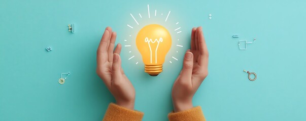 Aufkleber - Dynamic composition showcasing hands presenting a bright lightbulb icon integrated with network circuits on a light blue background