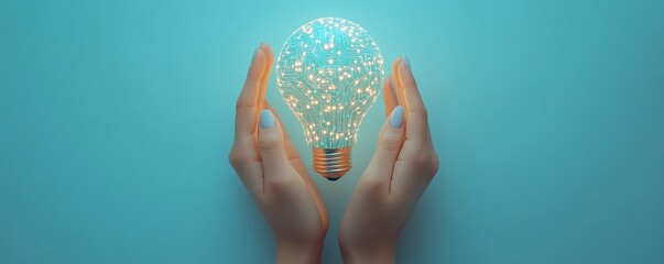 Aufkleber - Elegant 3D image of hands holding a lightbulb icon embedded with digital circuits, set against a light blue background, representing the power of ideas and technology