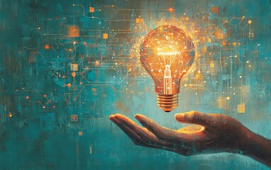 Aufkleber - Vibrant 3D depiction of hands presenting a lightbulb icon with network circuits on a light blue background, capturing the synergy between creativity and technology