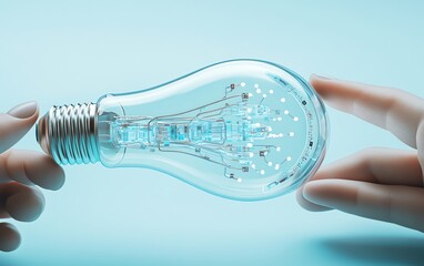 Aufkleber - Vibrant 3D depiction of hands presenting a lightbulb icon with network circuits on a light blue background, capturing the synergy between creativity and technology